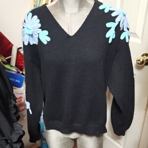 SHEIN Black V-Neck Sweater with Blue Floral Details